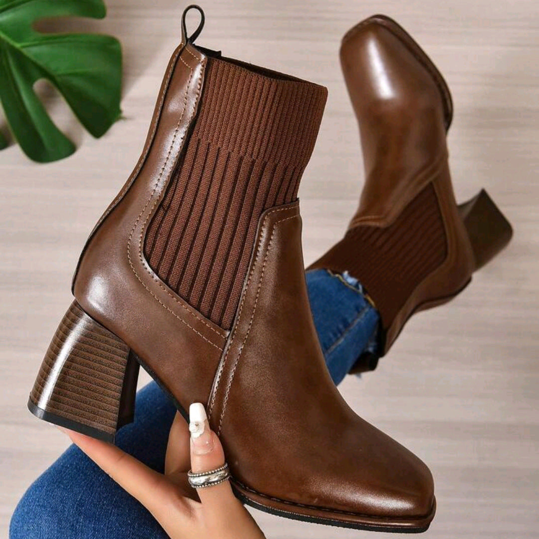 Damen Elegante Blockabsatz Stiefeletten mit Strickschaft Drune