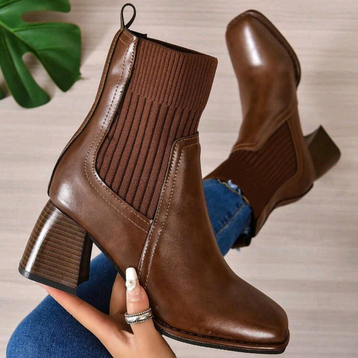 Damen Elegante Blockabsatz Stiefeletten mit Strickschaft Drune