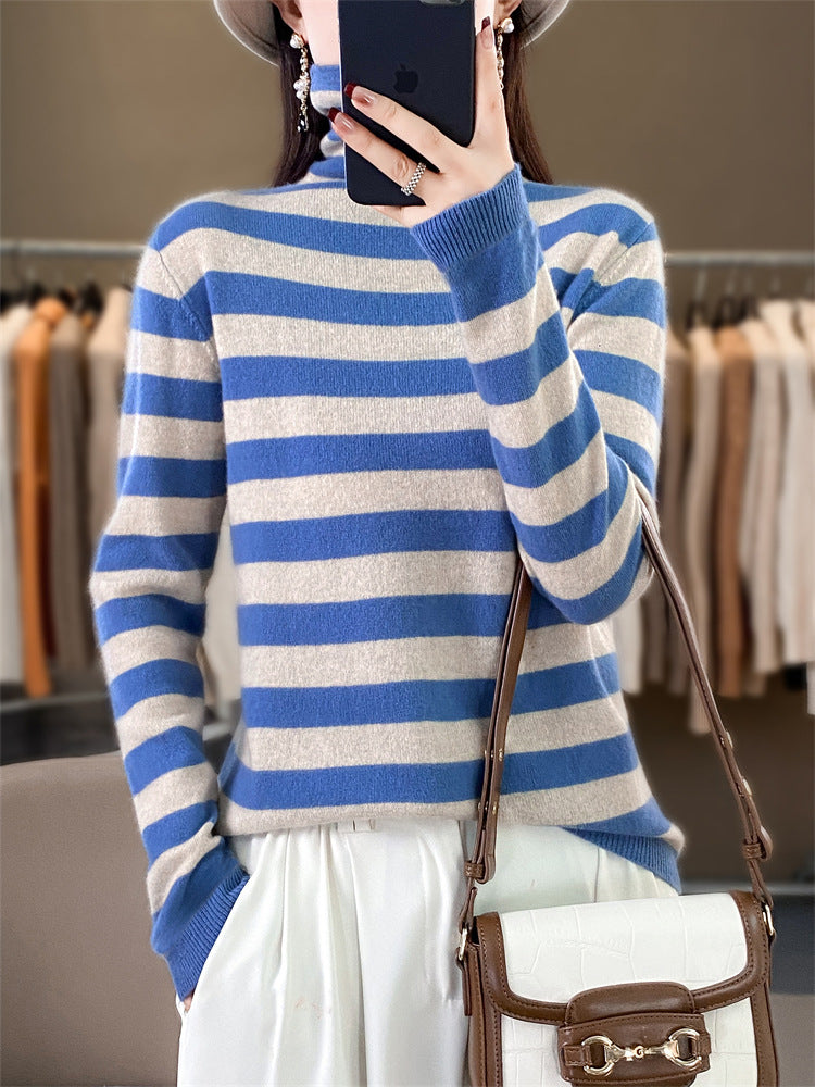 Damen Lässiger gestreifter Rollkragenpullover aus Wollmix mit legerer Passform Drune