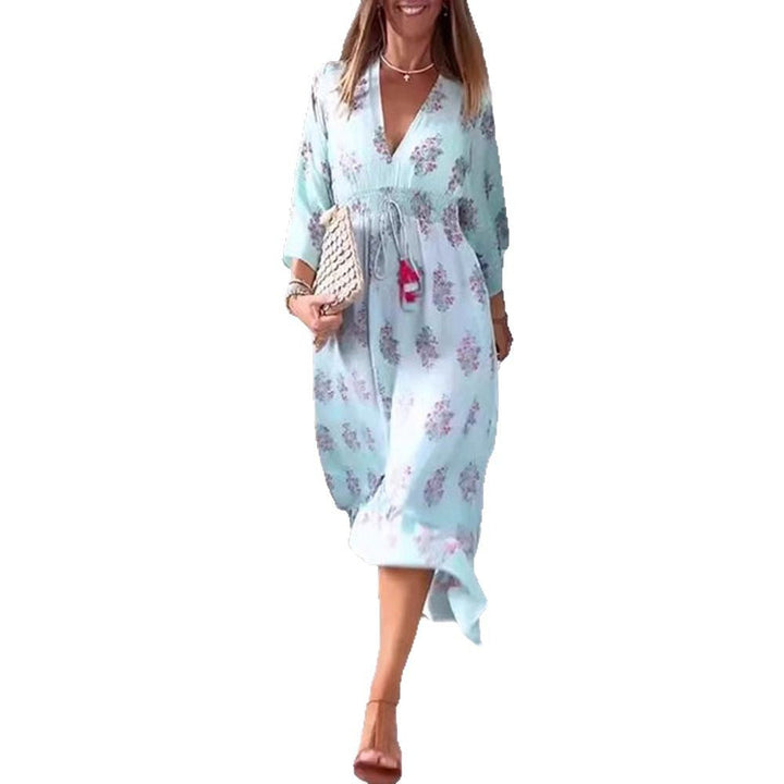 Damen nan luftig-fließendes Boho-Midikleid mit V-Ausschnitt, geraffter Smock-Taille, Kordelzug mit Quasten und asymmetrischem Volant-Saum Drune