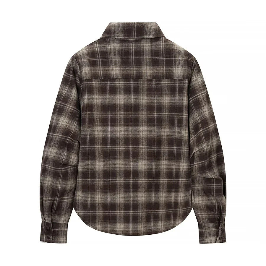 Damen nan überlappende Karo-Bluse mit V-Front, gekreuztem Saum und Manschetten Drune