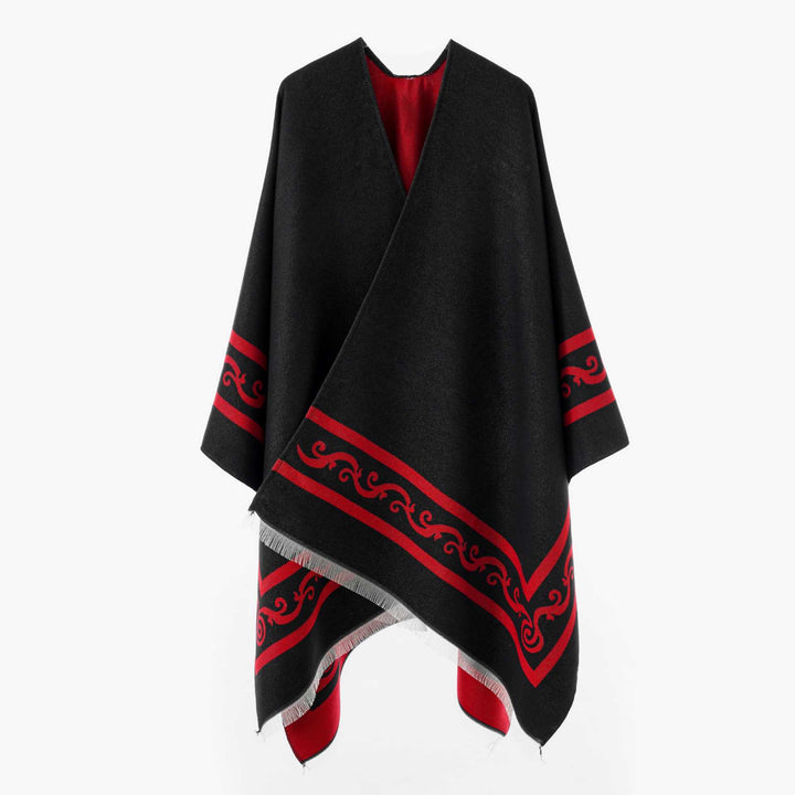 Damen Oversize Jacquard-Capeponcho aus Wollmix mit geometrischem Muster und Fransen Drune