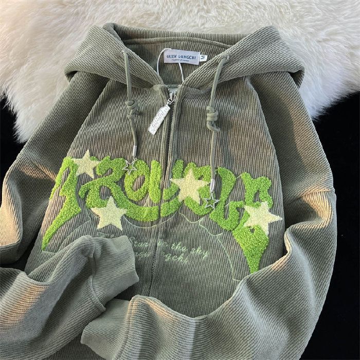 Damen nan gerippte Oversize Kapuzenjacke mit Reißverschluss, Chenille-Stickerei und Stern-Anhängern Drune