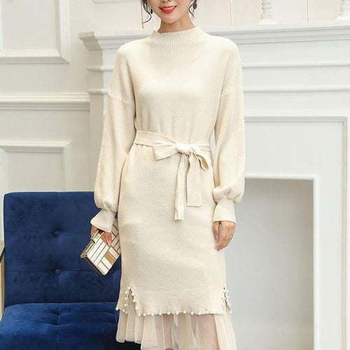 Damen elegantes Strickkleid mit Taillengürtel und dekorativem Saum Drune