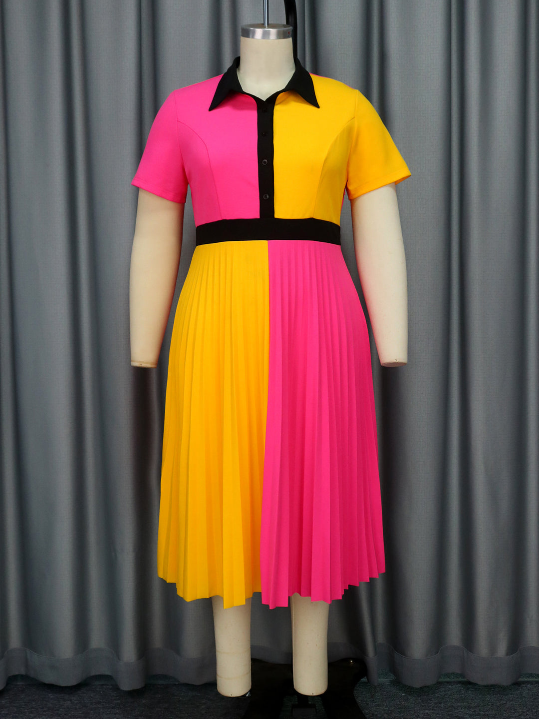 Damen plissiertes Kleid mit Umschlagkragen und kontrastierenden Farbblöcken Drune