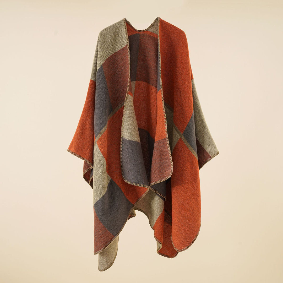 Damen Dreieckiger Strickponcho mit geometrischem Jacquardmuster und Ziernaht Drune