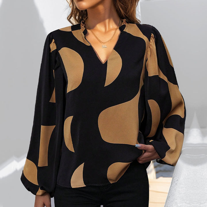 Damen Gemusterte V‑Neck Bluse mit Ballonärmeln und lockerem Fall Drune