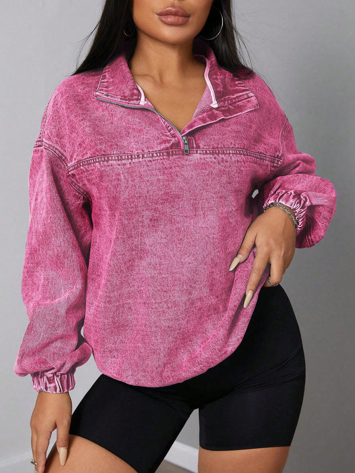 Damen lockeres Denim-Pullover mit Stehkragen und Reißverschluss Drune
