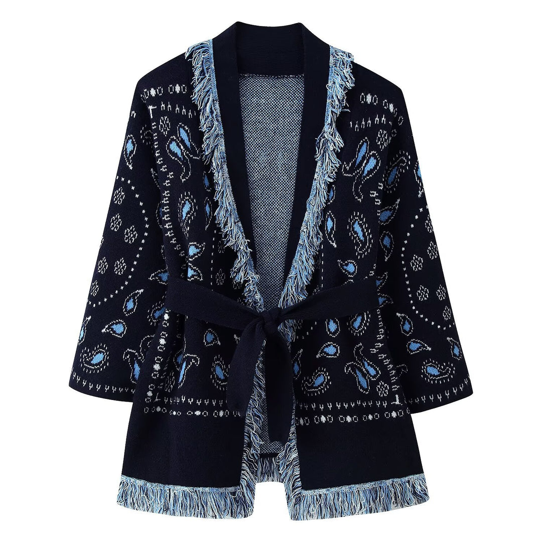 Damen Fransen-Kimono-Cardigan mit Paisley-Jacquard und Bindegürtel Drune