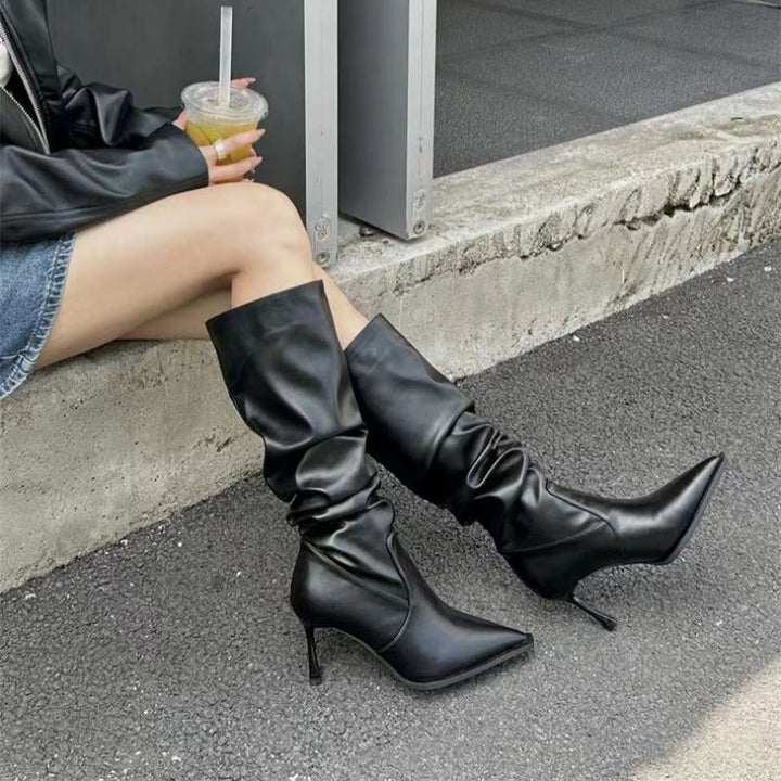 Damen Slouchy kniehohe Stiefel mit spitzer Zehenform und skulpturellem Stiletto-Absatz Drune