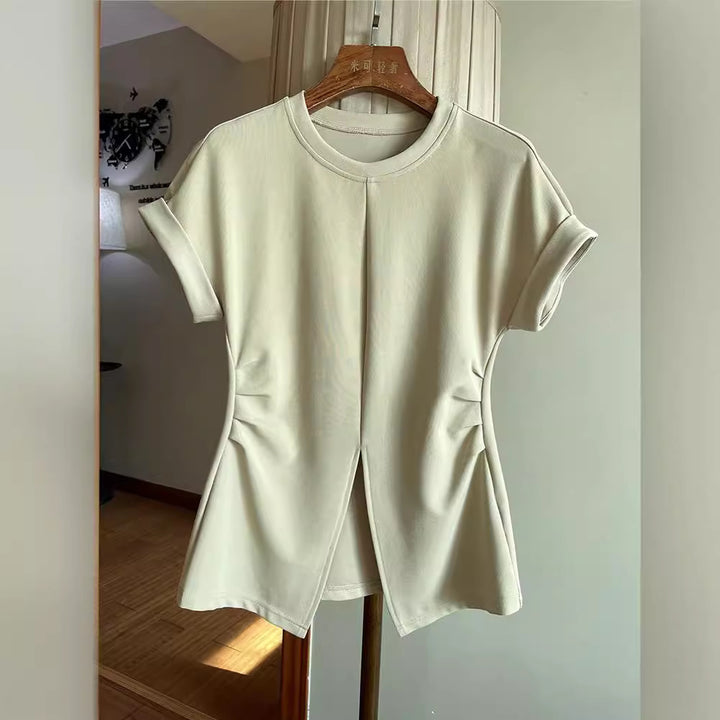 Damen Kurzärmeliges Strukturjersey-Shirt mit Taillenraffungen und Frontschlitz Drune