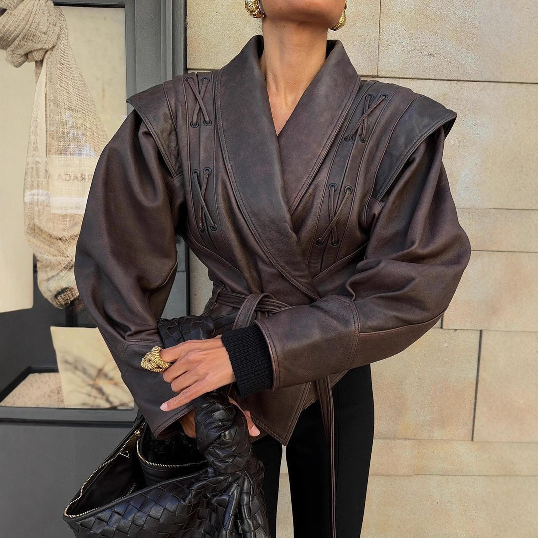 Damen elegante Wickeljacke aus Kunstleder mit dekorativen Details Drune
