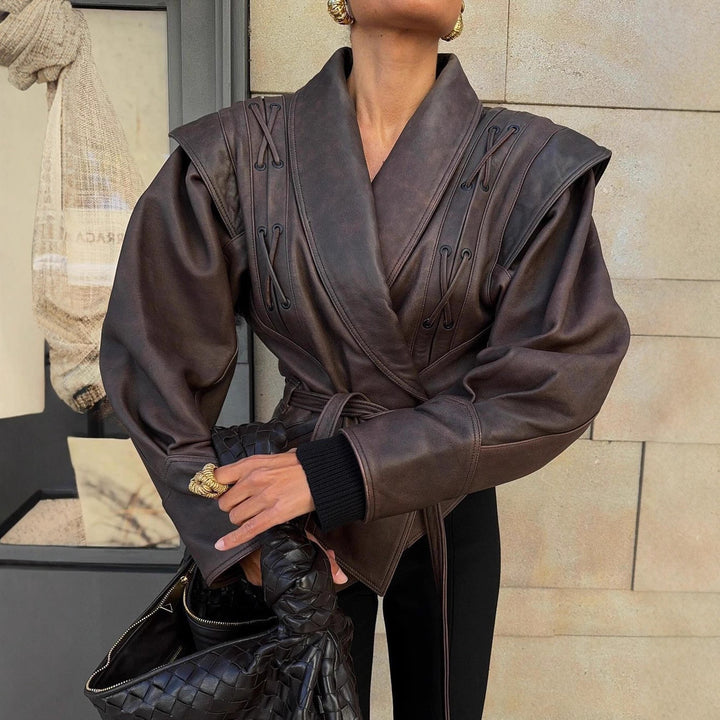 Damen elegante Wickeljacke aus Kunstleder mit dekorativen Details Drune