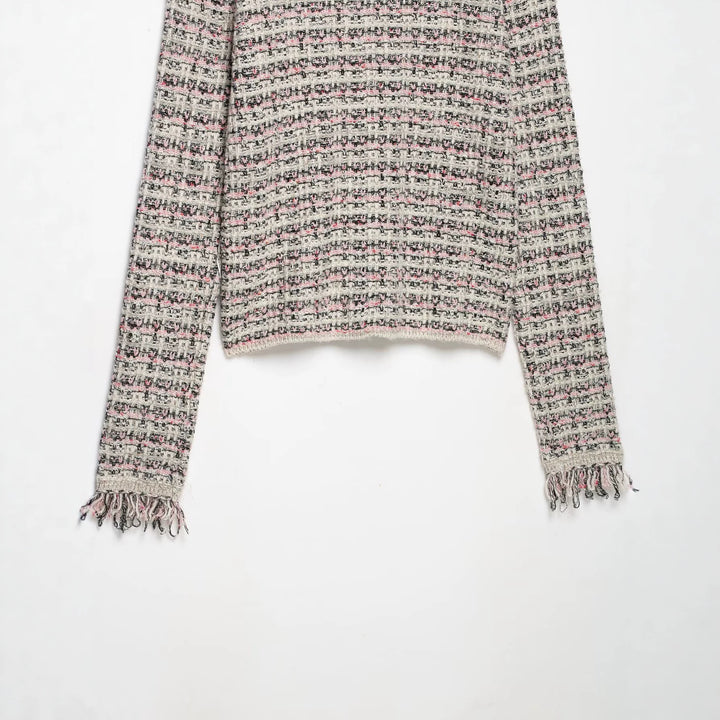 Damen Tweed-Cardigan mit Rundkragen, durchgehender Knopfleiste und Fransenabschlüssen Drune