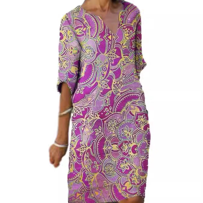 Damen Freizeitleichtkleid mit elegantem V-Ausschnitt und buntem Muster Drune