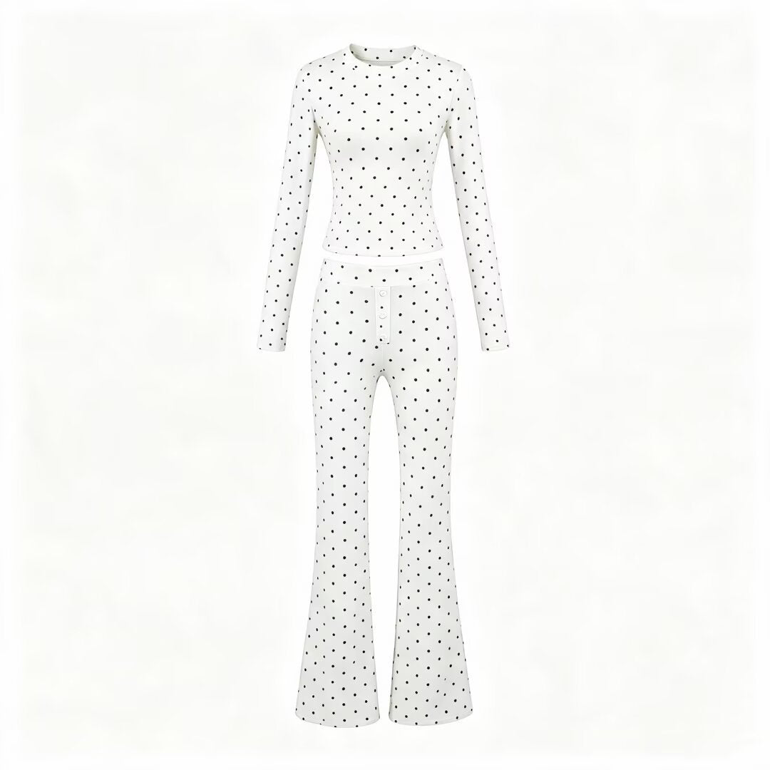Damen Zweiteiliges Stretch-Jersey Lounge-Set mit Cropped Longsleeve und High‑Waist Schlaghose Drune