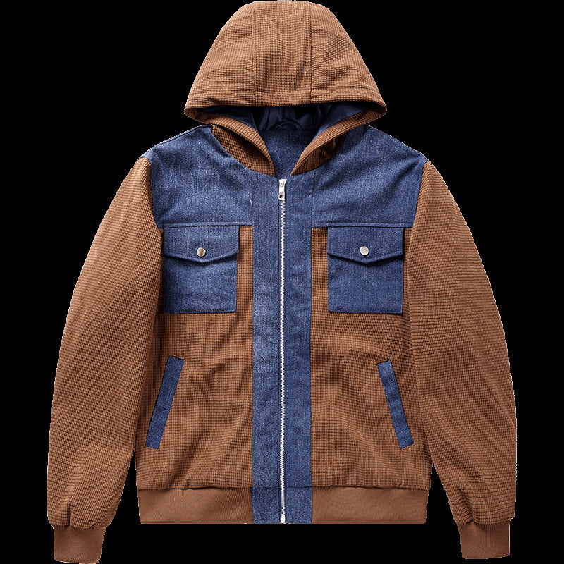 Herren  Hybrid Kapuzen-Waffelstrick- und Denim-Panel-Bomberjacke Drune