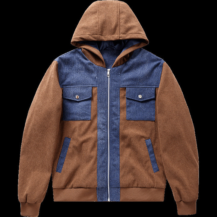Herren  Hybrid Kapuzen-Waffelstrick- und Denim-Panel-Bomberjacke Drune