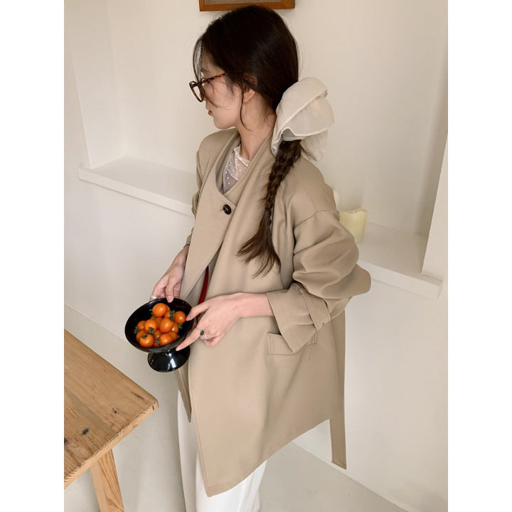 Damen Kurzer Oversize-Mantel mit Bindegürtel, breiten Pattentaschen und legerer Schulter Drune
