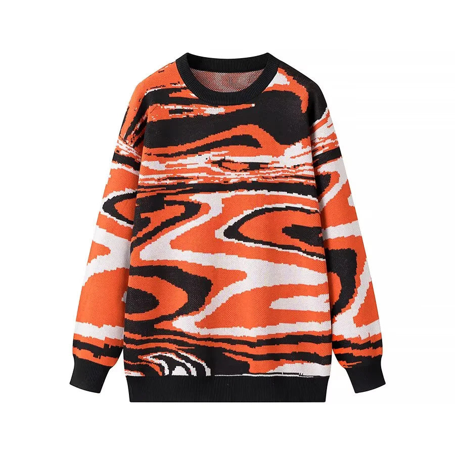 Unisex nan weit geschnittener Strickpullover mit abstraktem Wellenmuster und Rundhalsausschnitt Drune