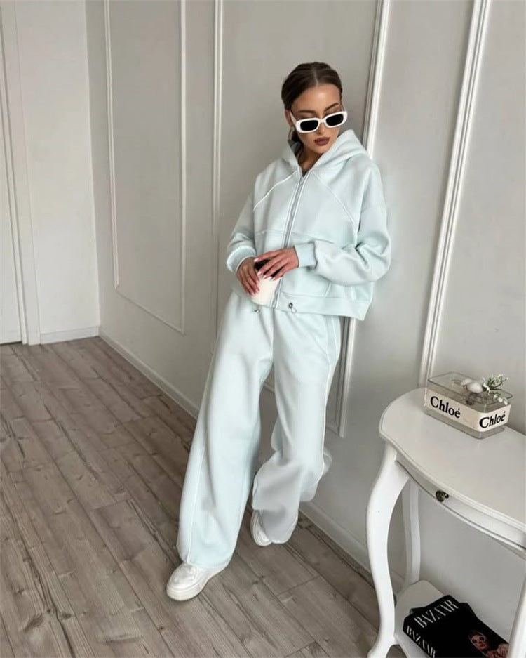 Damen kurzes Kapuzen-Sweatset mit Frontreißverschluss, kontrastierender Paspel und elastischer Highwaist-Jogger Drune