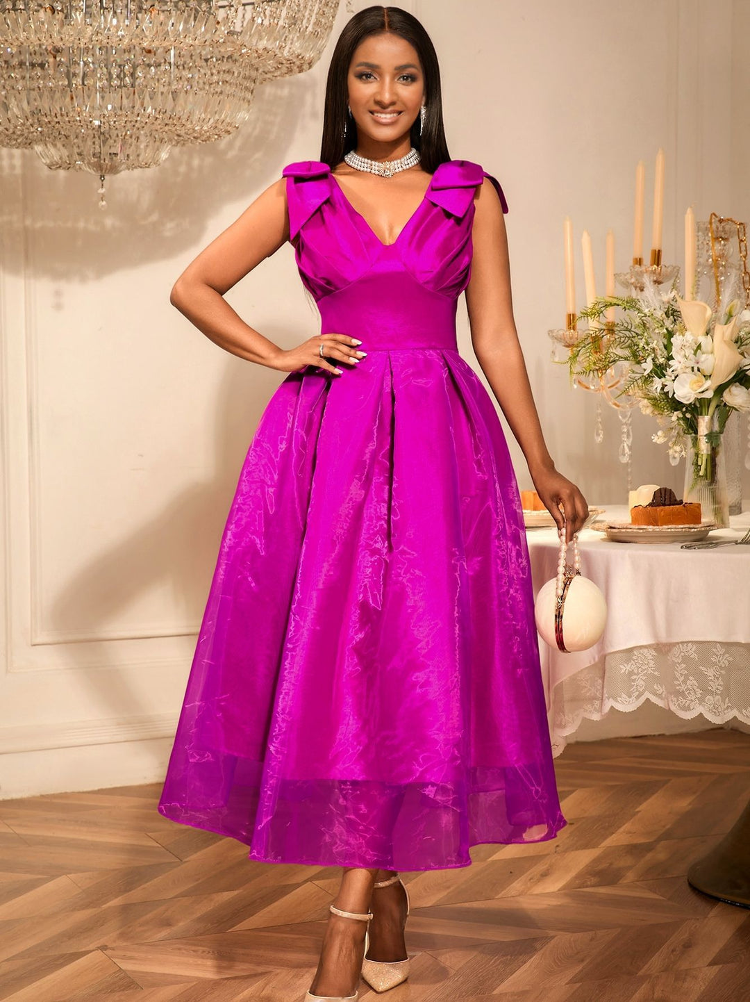 Damen A-Linien Cocktailkleid mit voluminösen Schleifenärmel Drune