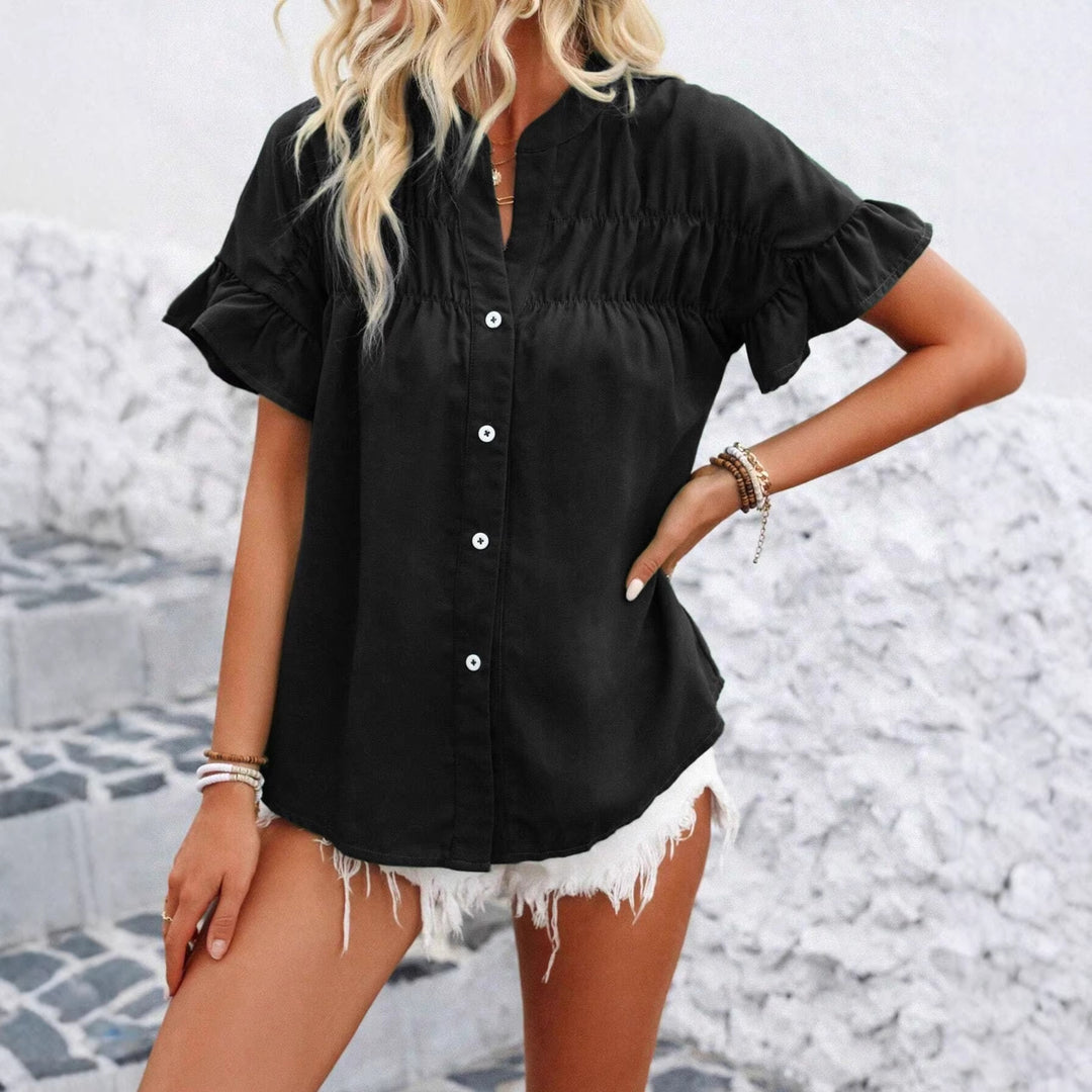 Damen Bluse mit Rüschenärmeln, Smok-Yoke und Stehkragen Drune