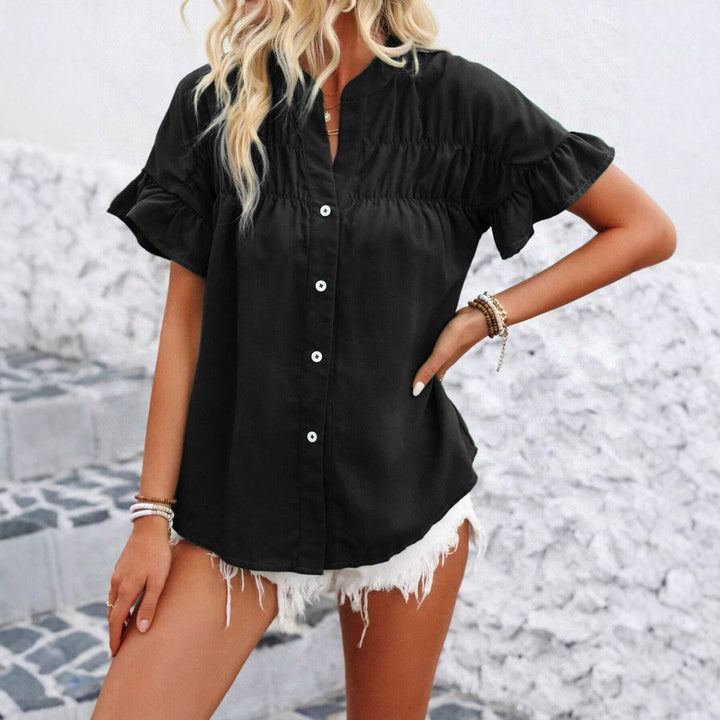 Damen Bluse mit Rüschenärmeln, Smok-Yoke und Stehkragen Drune