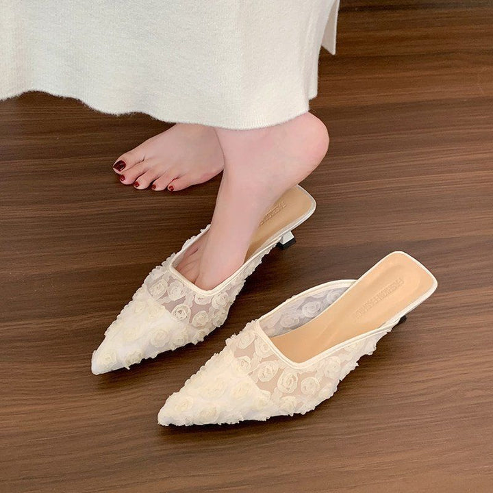 Damen Spitz zulaufende Mesh‑Mules mit dreidimensionalen Blumenapplikationen und gepolstertem Komfortfußbett Drune