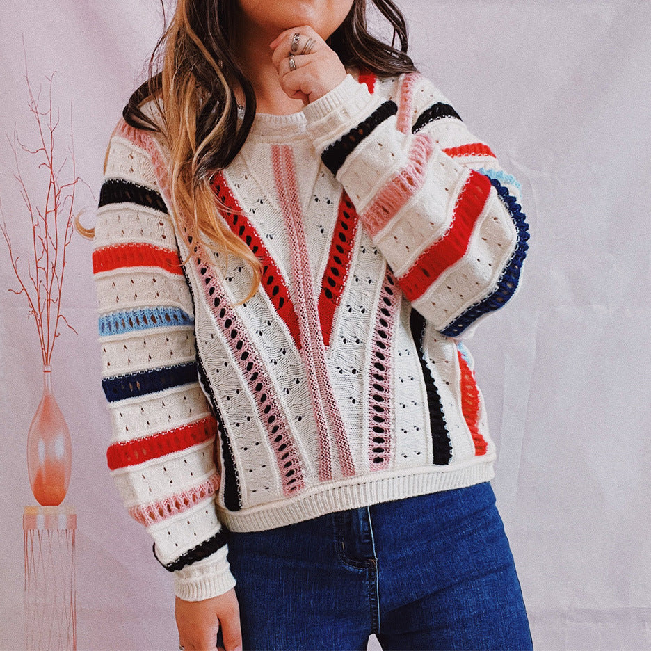 Damen lässiger Strickpullover mit modernem Farbverlauf und einzigartiger Lochstruktur Drune