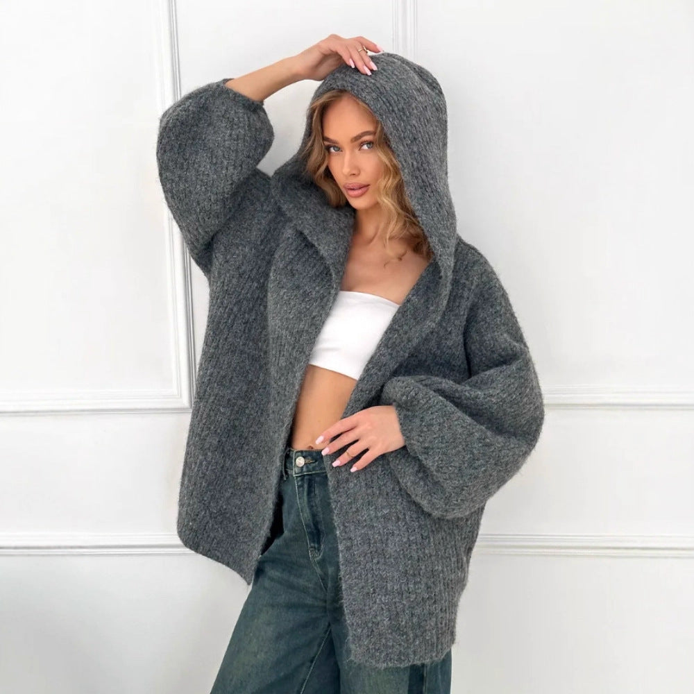 Damen Oversized Strickjacke mit Kapuze Drune