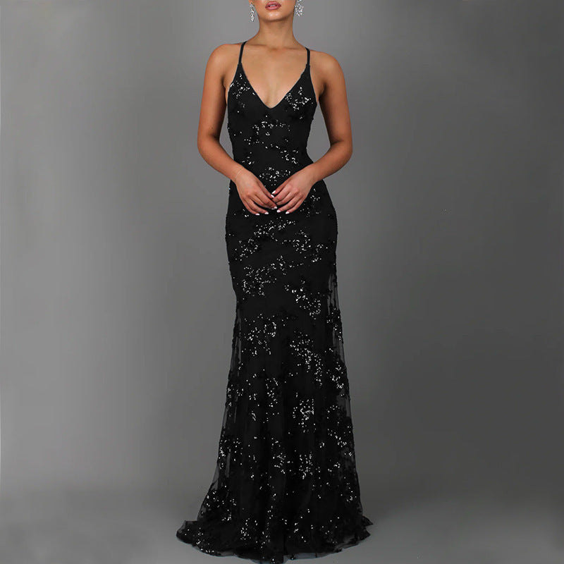 Damen Glitzernder Abendkleid mit vorderem Schlitz und tiefem Rückenausschnitt Drune