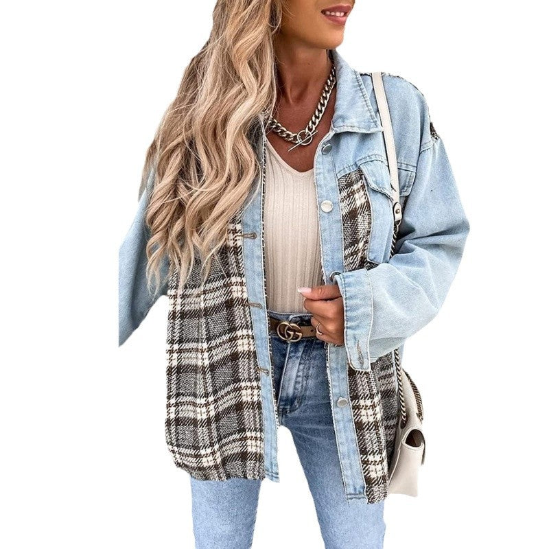 Damen Karomuster Denimjacke mit lässigem Schnitt und modernen Details Drune