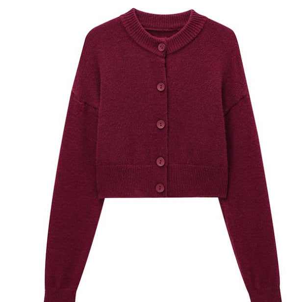 Damen kurze Strickjacke mit Knopfleiste und elegantem Rundhalsausschnitt Drune