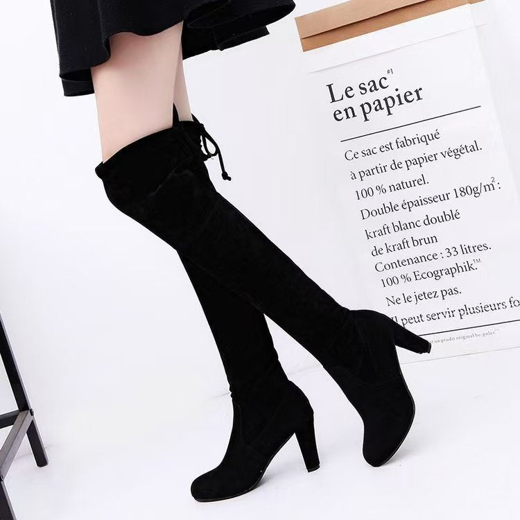 Damen Overknee-Stiefel mit geschwungenem Blockabsatz und weichem Veloursimitat Drune