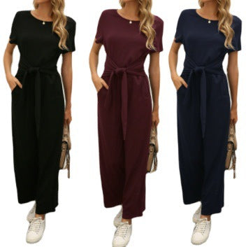 Damen Jumpsuit mit Bindegürtel und weitem Bein Drune