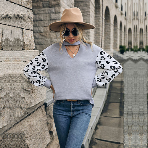 Damen Lässiger Pullover mit Leopardenärmel Drune