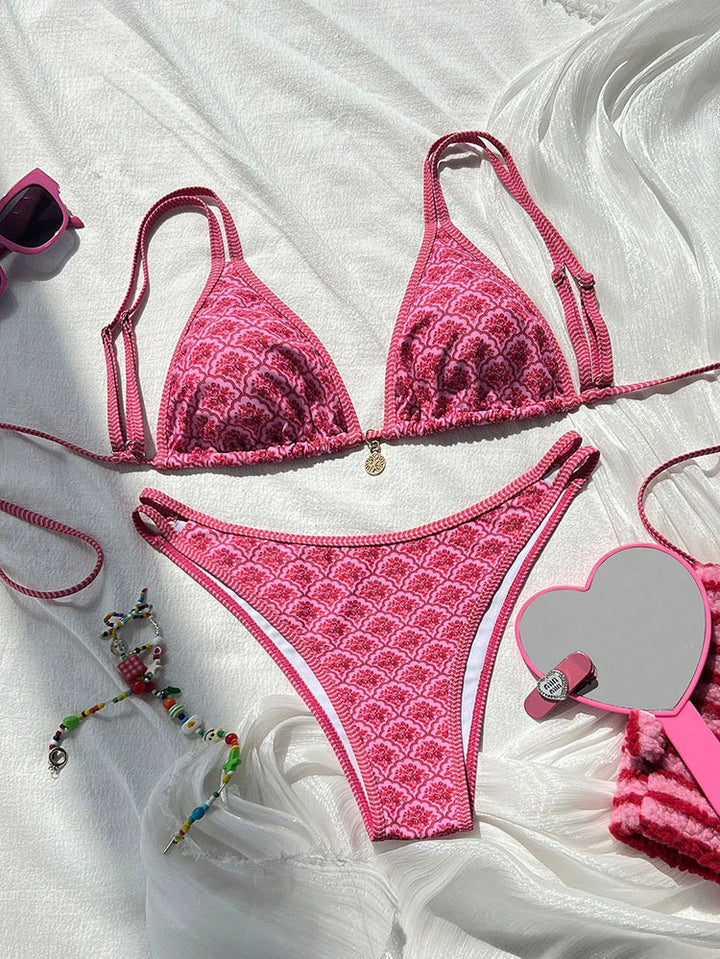 Damen Triangel-Bikini mit exquisitem Muster und verstellbaren Trägern Drune