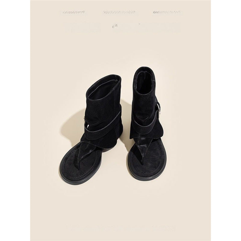 Damen Ankle-Cuff Zehensteg-Sandale mit weitem Schaft und verstellbarem Schnallenriemen Drune