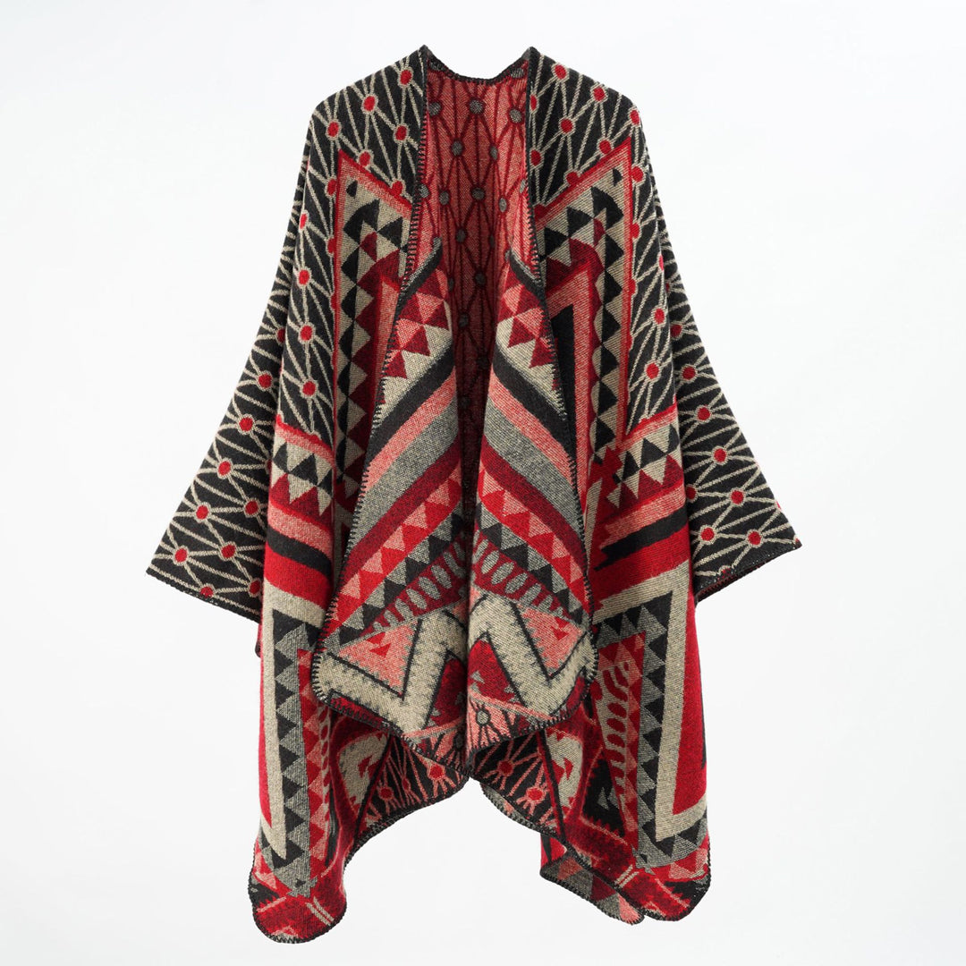Damen Strukturiertes Jacquard-Poncho-Überwurf mit grafischem Ethno-Muster und offenem Kimono-Fall Drune