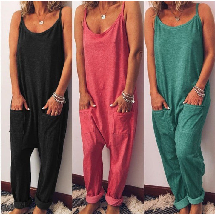 Damen lässiger Jumpsuit mit praktischen Taschen und Spaghettiträgern Drune