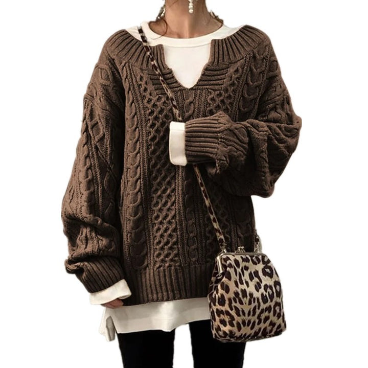 Damen nan weit geschnittener Strickpullover mit Zopfmuster und V-Ausschnitt Drune