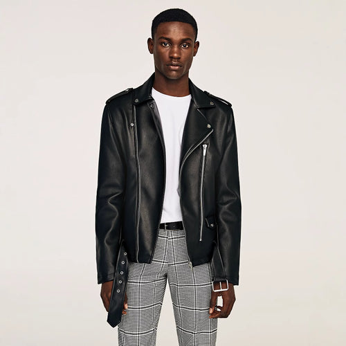 Herren Bikerjacke im Rider‑Stil aus veganer Lederoptik mit asymmetrischem Reißverschluss und Taillengürtel Drune