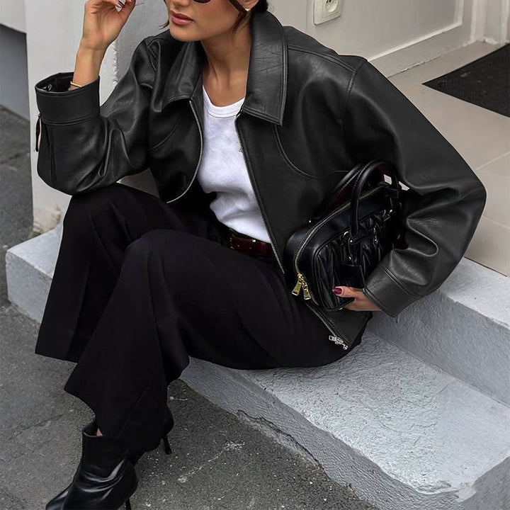 Damen nan kurze Oversize-Lederjacke mit Hemdkragen, sichtbarem Reißverschluss und lässiger Silhouette Drune