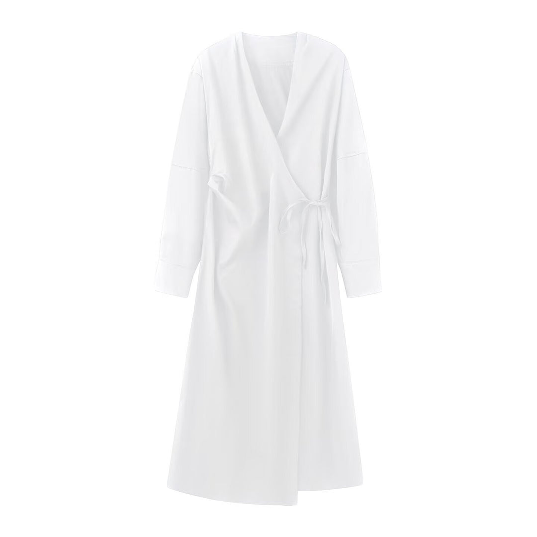 Damen Wickel‑Midikleid mit V‑Ausschnitt und Bindegürtel Drune