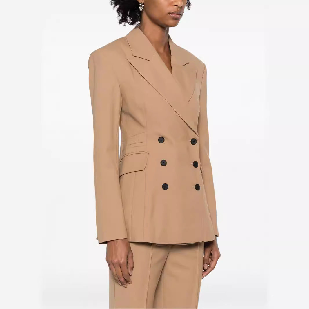 Damen Zweiteiliges tailliertes Doppelreihiges Blazer‑Hosenanzug mit ausgestellter Palazzohose Drune