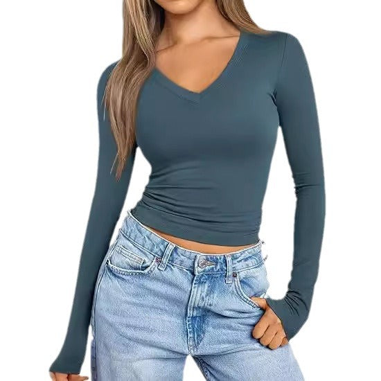 Damen Figurnahes Langarm-Cropped-Shirt mit V-Ausschnitt und elastischem Taillenbund Drune