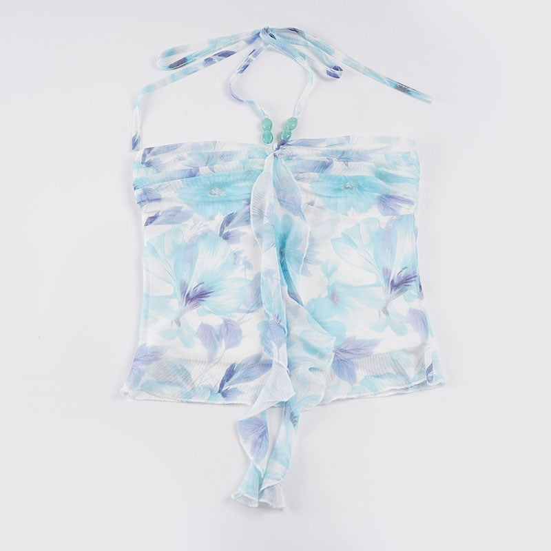 Damen Spaghetti-Trägertop mit floralen Einsätzen und transparenten Rüschen Drune