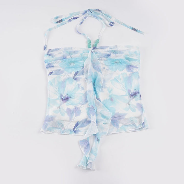 Damen Spaghetti-Trägertop mit floralen Einsätzen und transparenten Rüschen Drune