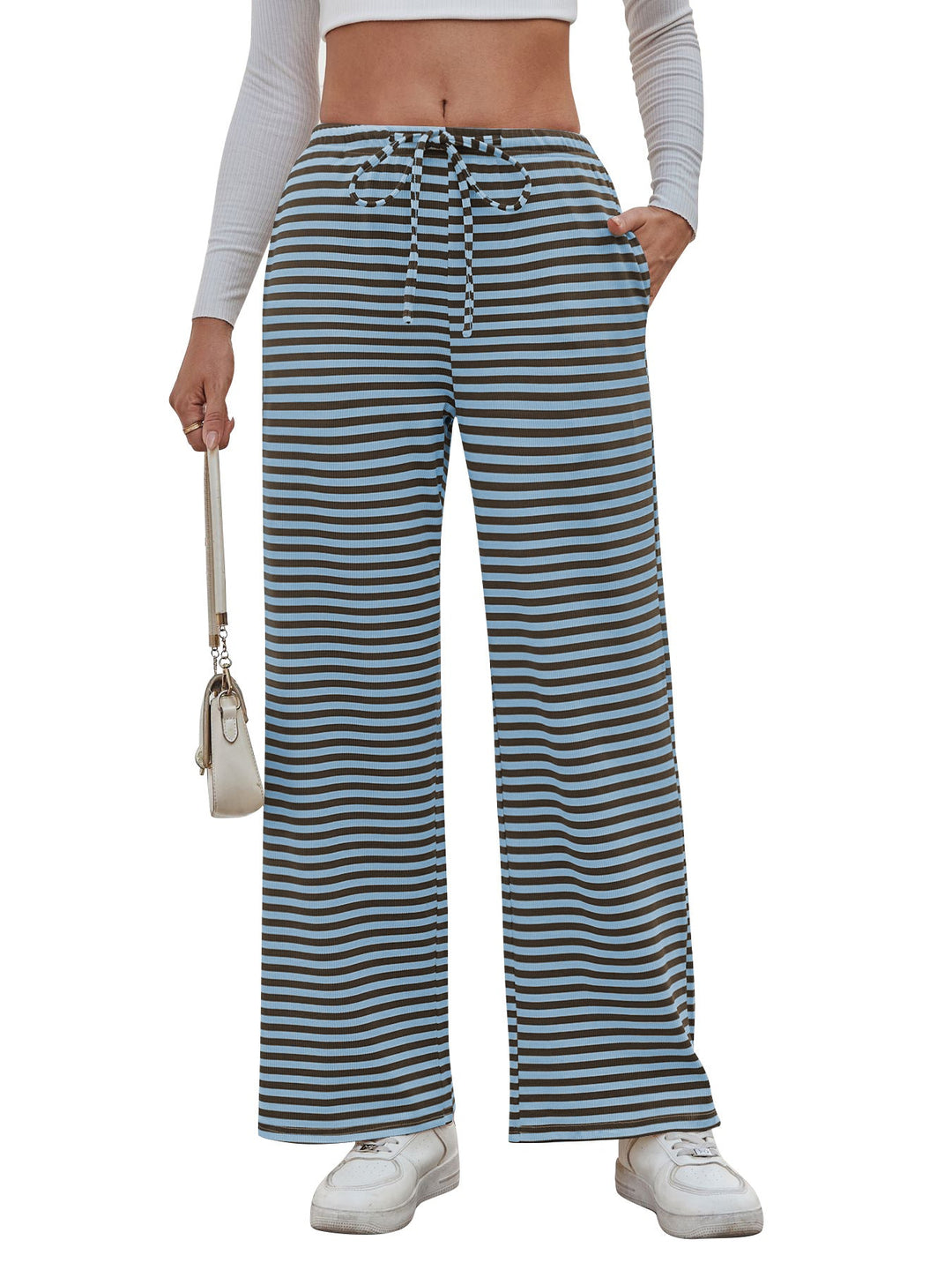 Damen weite Streifenhose mit elastischem Bund und Kordelzug Drune